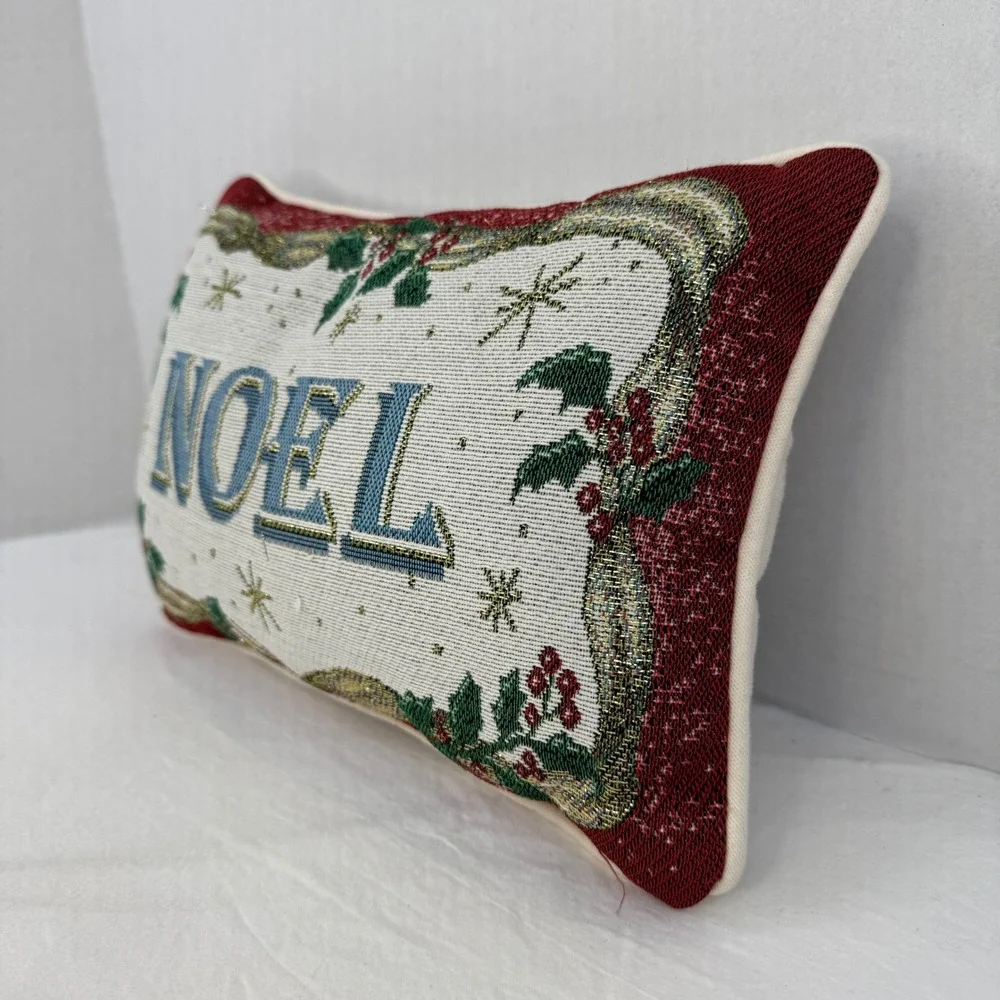 Vintage Christmas Noel Tapestry Throw Pillow Holly Berries Red 12x8